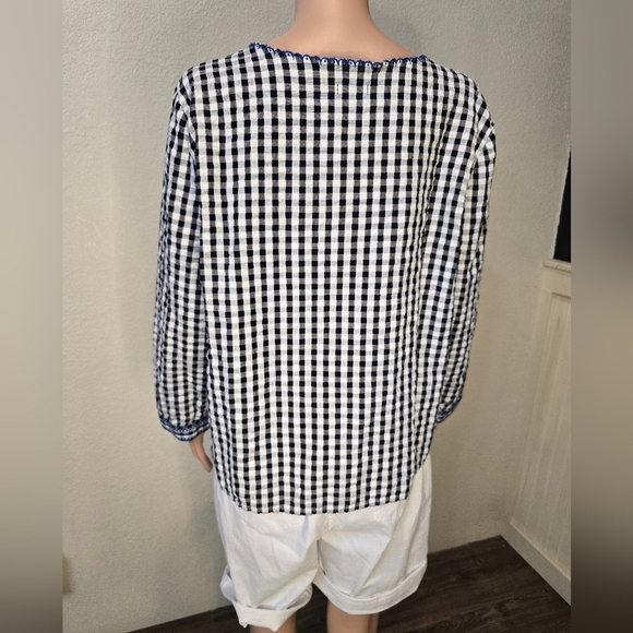 J. Crew Black Blue Gingham Plaid Floral Embroidered Square Neck Tunic Top Large - Picture 8 of 14
